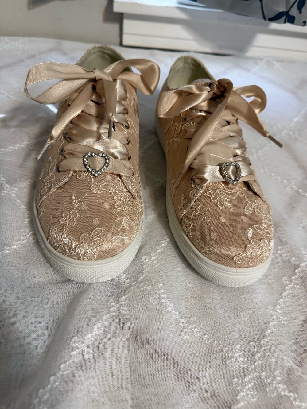 Women's Lace Satin Sneakers with Heart Charm - Champagne